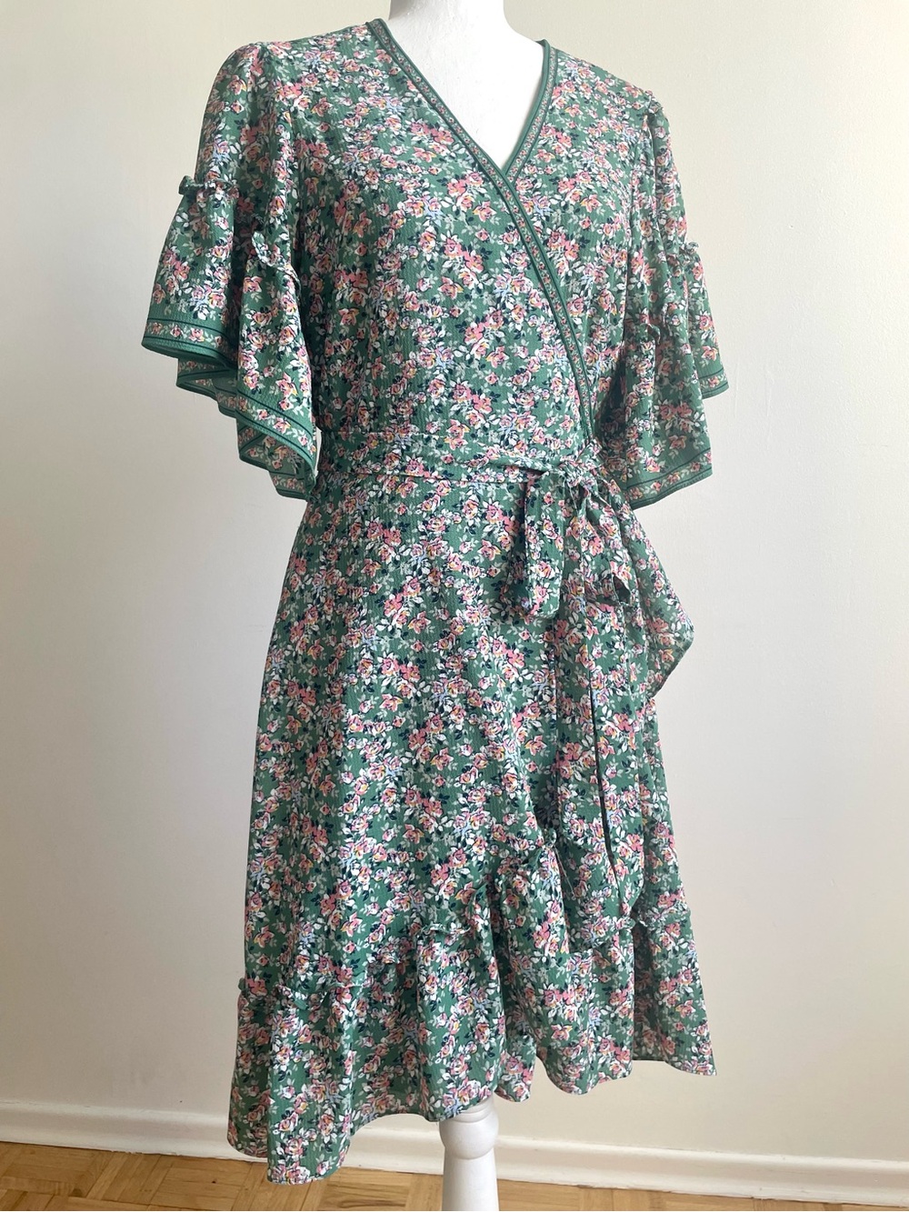 Max Studio Floral Ruffle Wrap Dress, Green Large